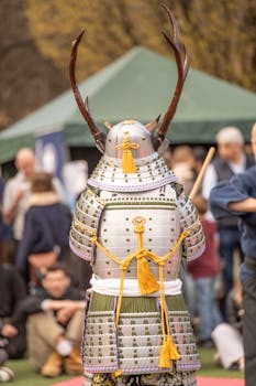 Traditional Japanese samurai armor showcased at a cultural event in Stockholm, Sweden.