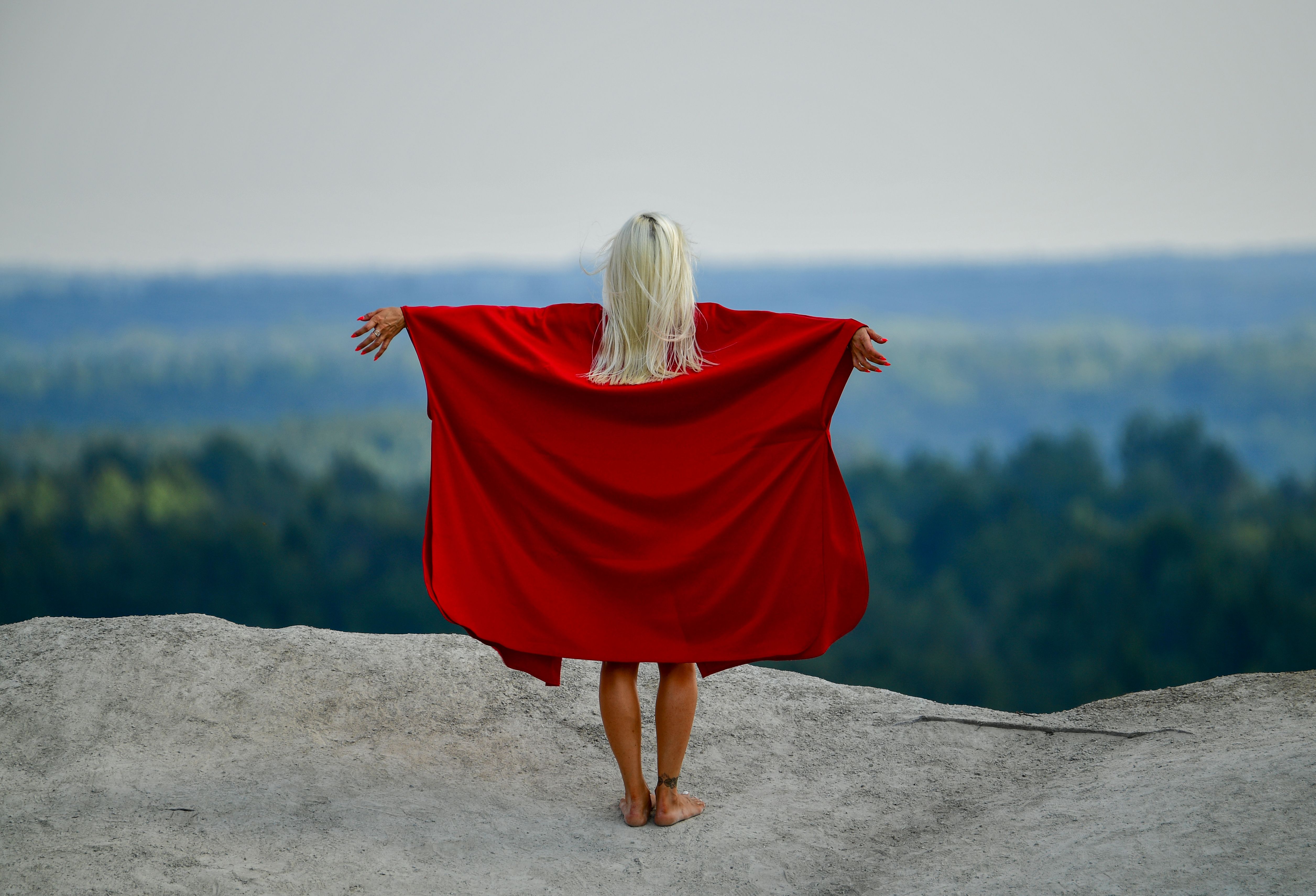Woman in Red Cloak Overlooking Vast Forest View · Free Stock Photo