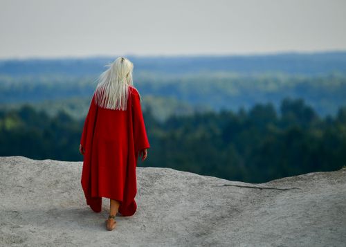 Free A woman in a red coat stands on a cliff edge with a vast forest view. Captured in Vasalemma, Estonia. Stock Photo