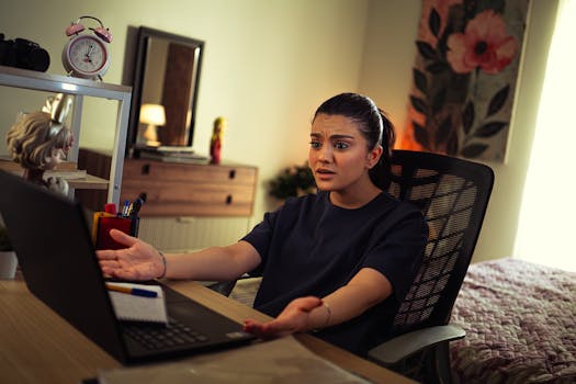 Young woman expressing frustration while facing a laptop in a home office setting.