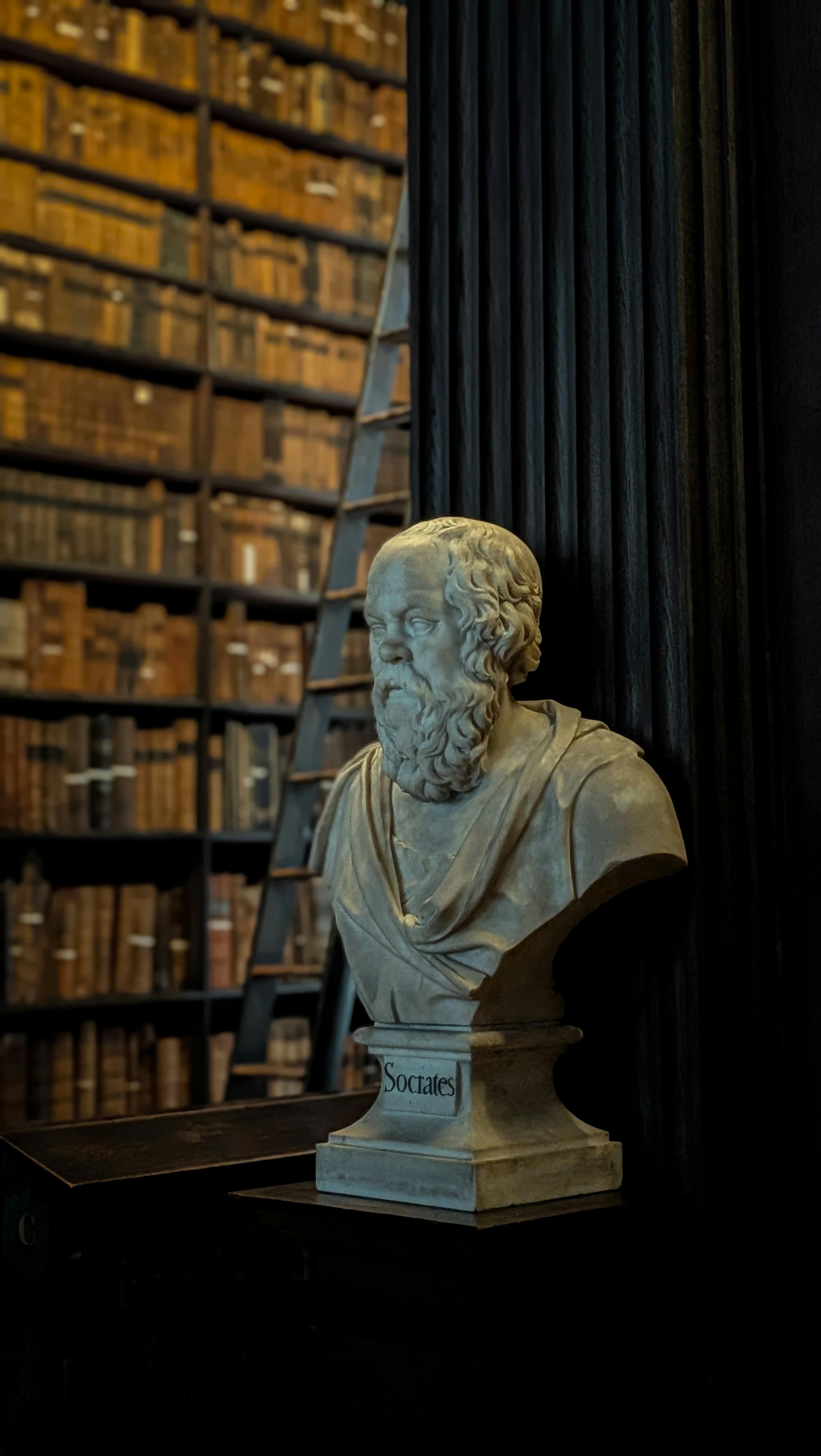 Classical Socrates bust in Dublin library with vintage bookshelves. Perfect for history and education themes.