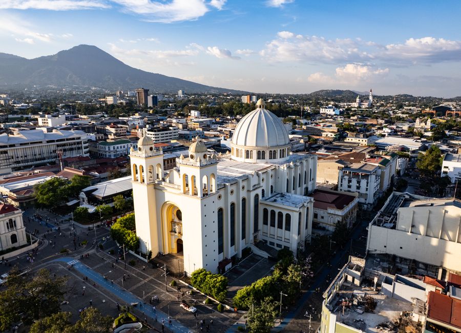 Stunning aerial view of San Salvador Cathedral with cityscape in the background.