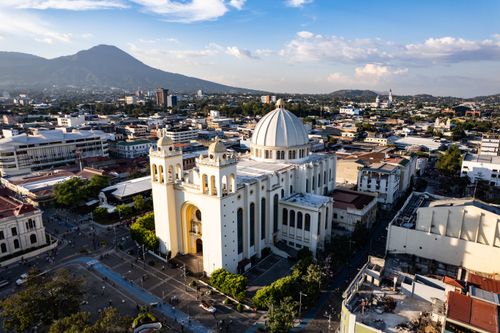 Free Stunning aerial view of San Salvador Cathedral with cityscape in the background. Stock Photo