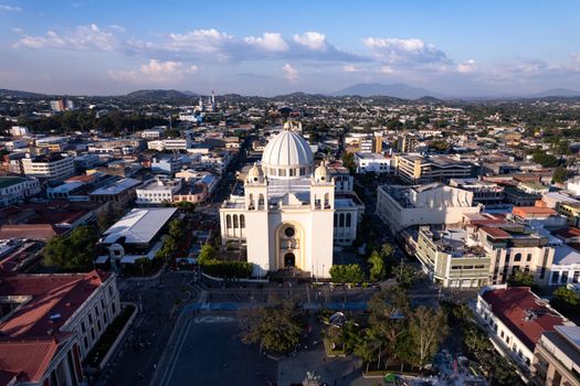 A breathtaking aerial view showcasing San Salvador's stunning Metropolitan Cathedral surrounded by cityscape.