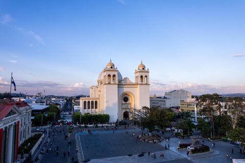 Free A stunning aerial view of the Metropolitan Cathedral during sunset in San Salvador, El Salvador. Stock Photo