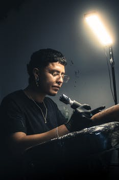 Tattoo artist focused on intricate arm tattoo design in dimly lit studio.