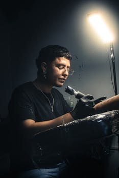 A focused tattoo artist creates art on a client's arm in a professional studio setting.