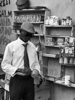 Barista in classic attire serving coffee at a vintage-style café, black and white photo.