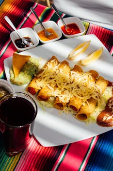 Close-up of Mexican taquitos with cheese on a colorful tablecloth in Cuenca, Ecuador.