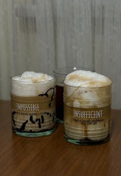 Three artistic coffee drinks with foam and inspiring text on glass cups, placed on a wooden table.