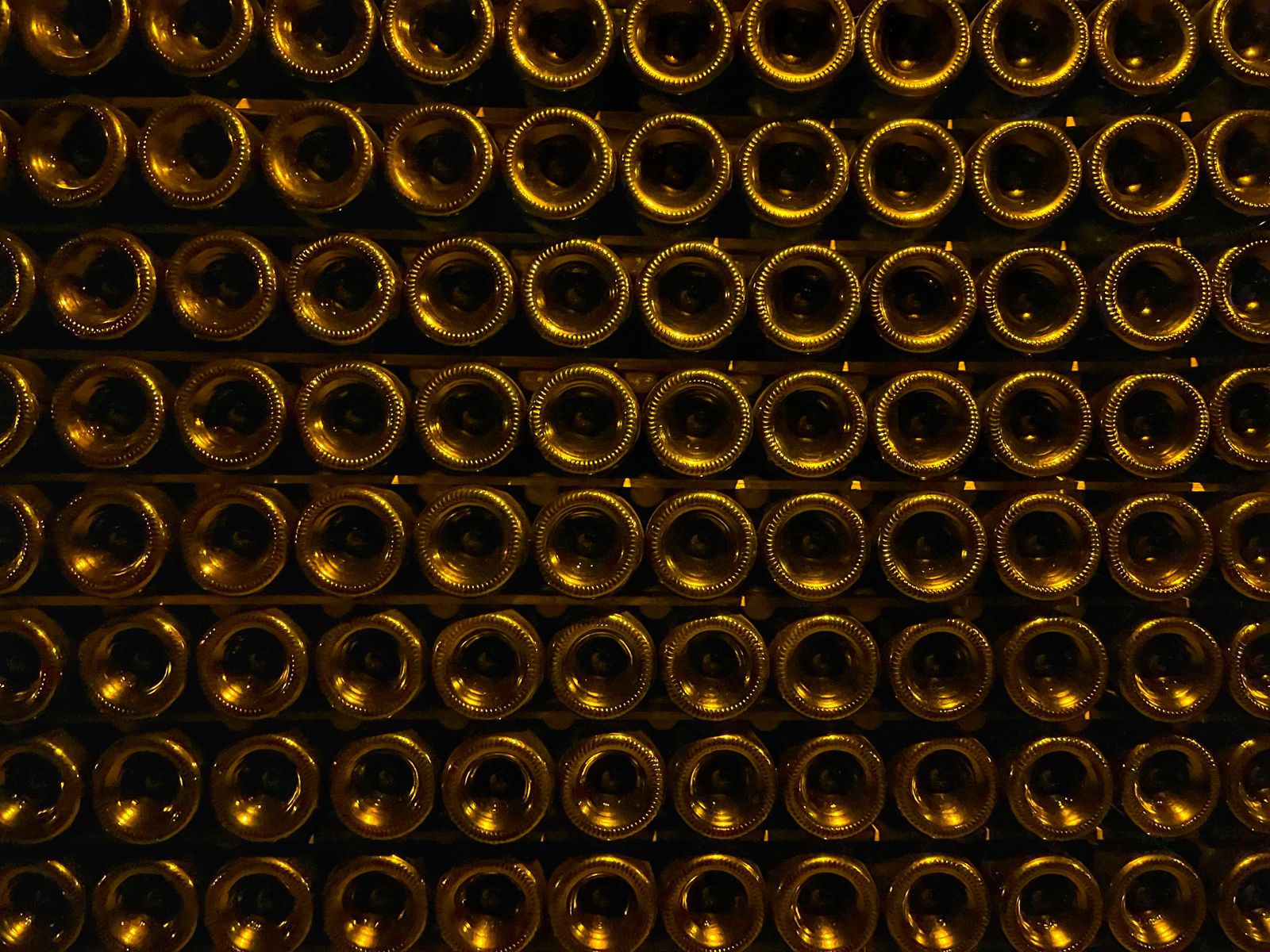 A glowing amber wall of Champagne bottles aging on laths in a cellar