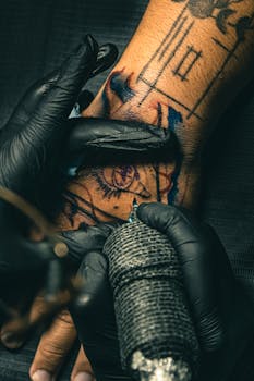 Close-up of an artist tattooing a forearm in a studio with intricate designs and precise craftsmanship.