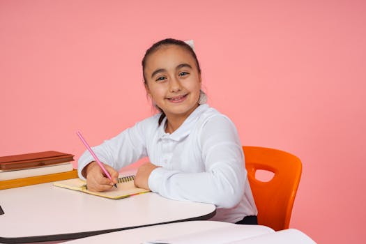A joyful elementary school student writing in her notebook against a pink background.