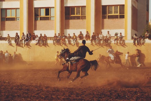 Dynamic scene of a horseback rider with an audience seated along a wall.