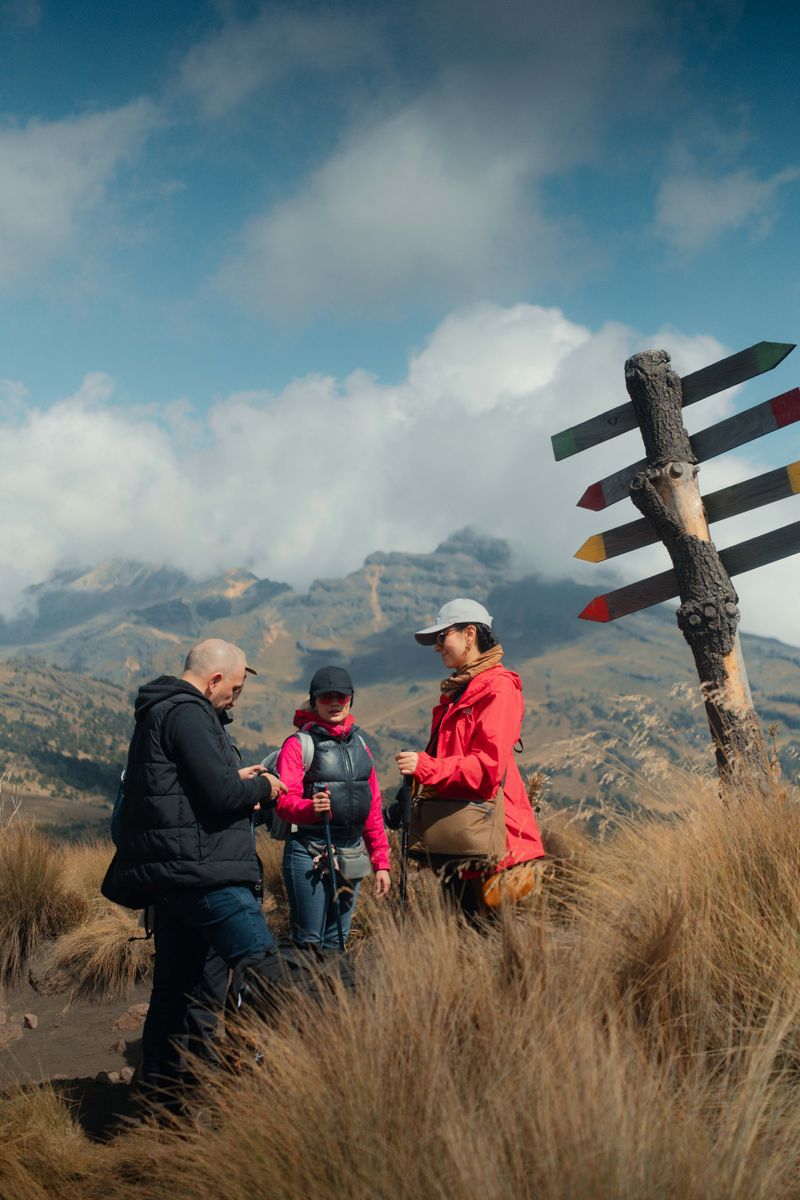 Three hikers consult near a colorful signpost in a scenic mountain area under a bright sky.