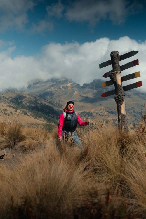 Free A hiker in vibrant attire on a mountain trail, featuring a colorful wooden signpost. Stock Photo