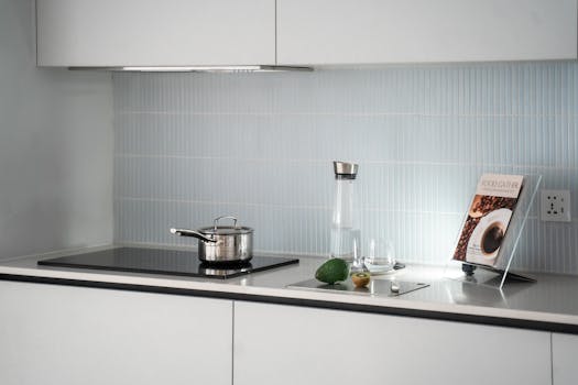 Elegant minimalist kitchen counter with induction stove, pot, glassware, and cookbook.