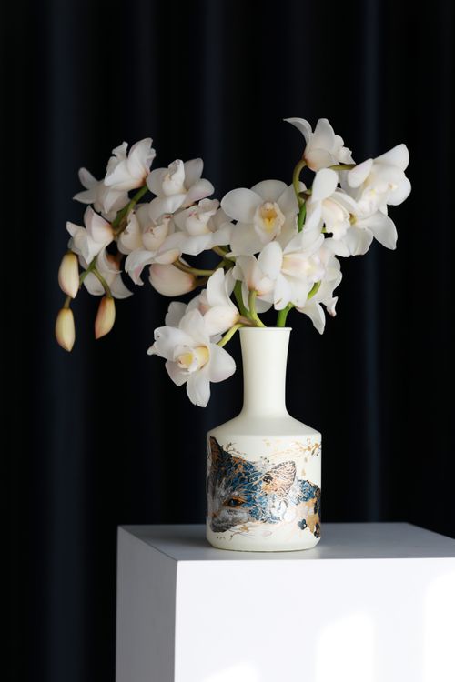Free A minimalist white orchid arrangement in a decorative porcelain vase with fox illustration. Stock Photo