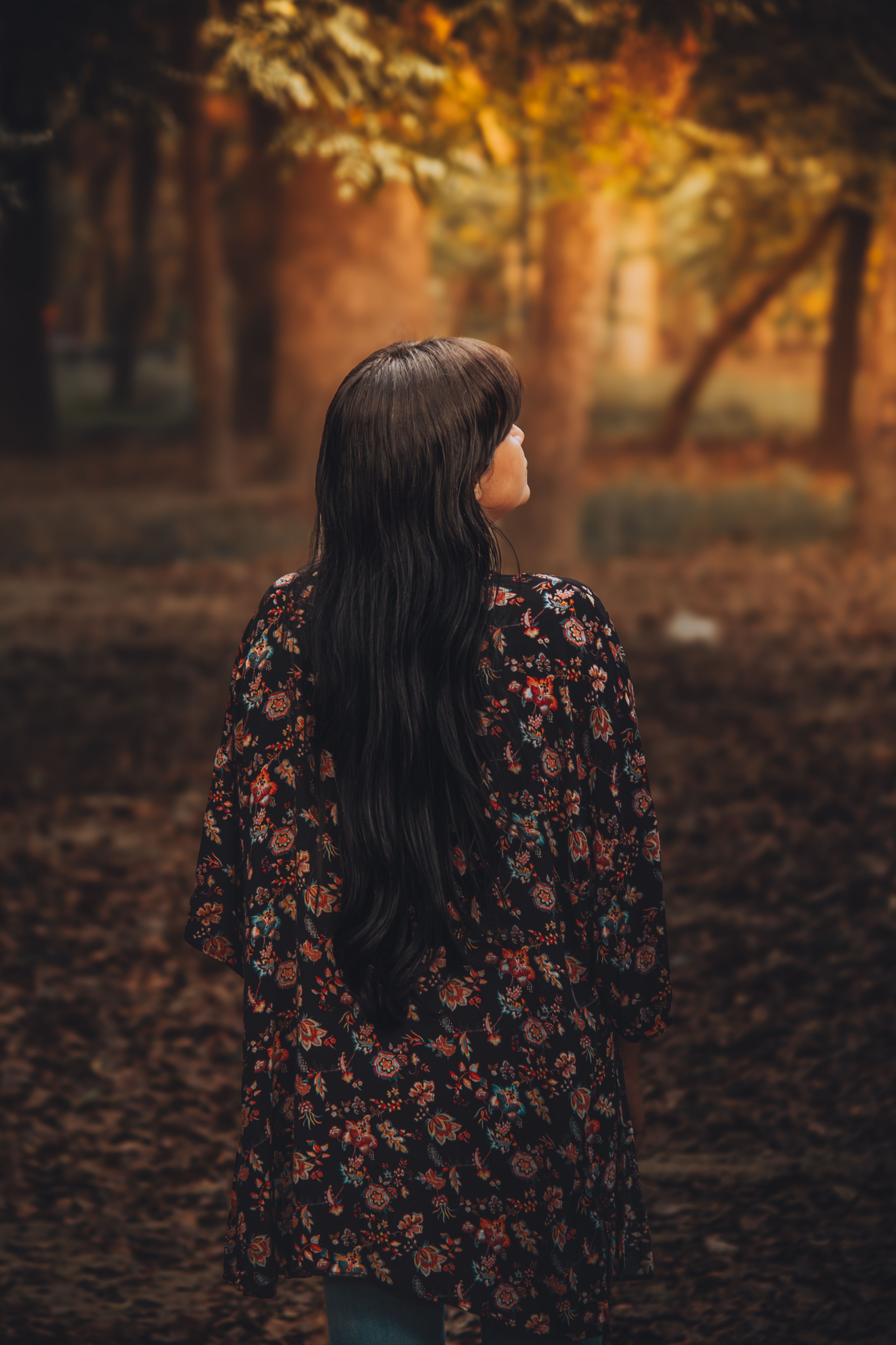 Woman with Long Hair Strolling in Autumn Forest · Free Stock Photo