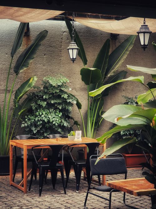 Free Stylish outdoor patio with tropical plants and modern furniture for a relaxing dining experience. Stock Photo
