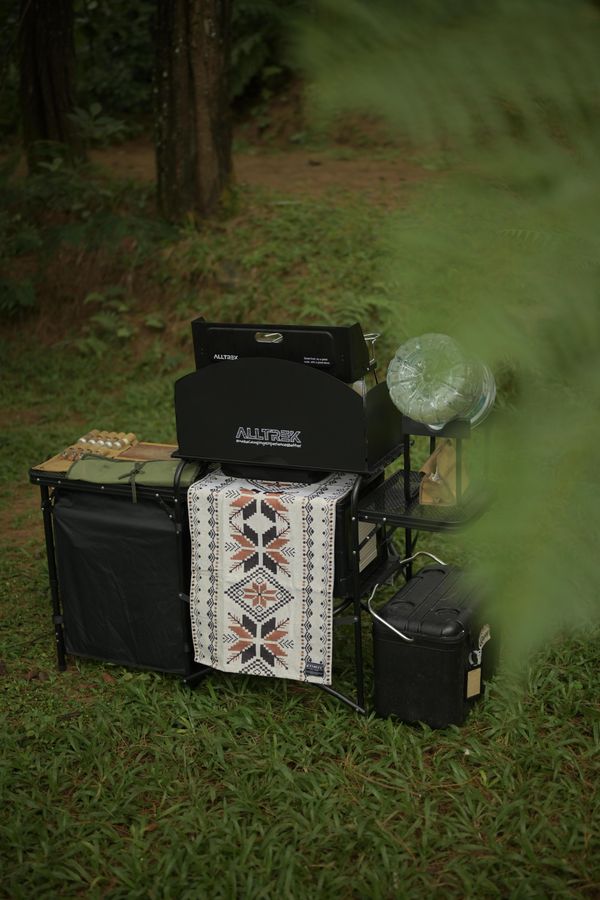 Vehicle-side camping cooler and kitchen setup