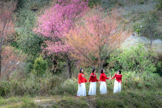 Group of women in red and white outfits celebrating under vibrant cherry blossom trees in a scenic outdoor setting.