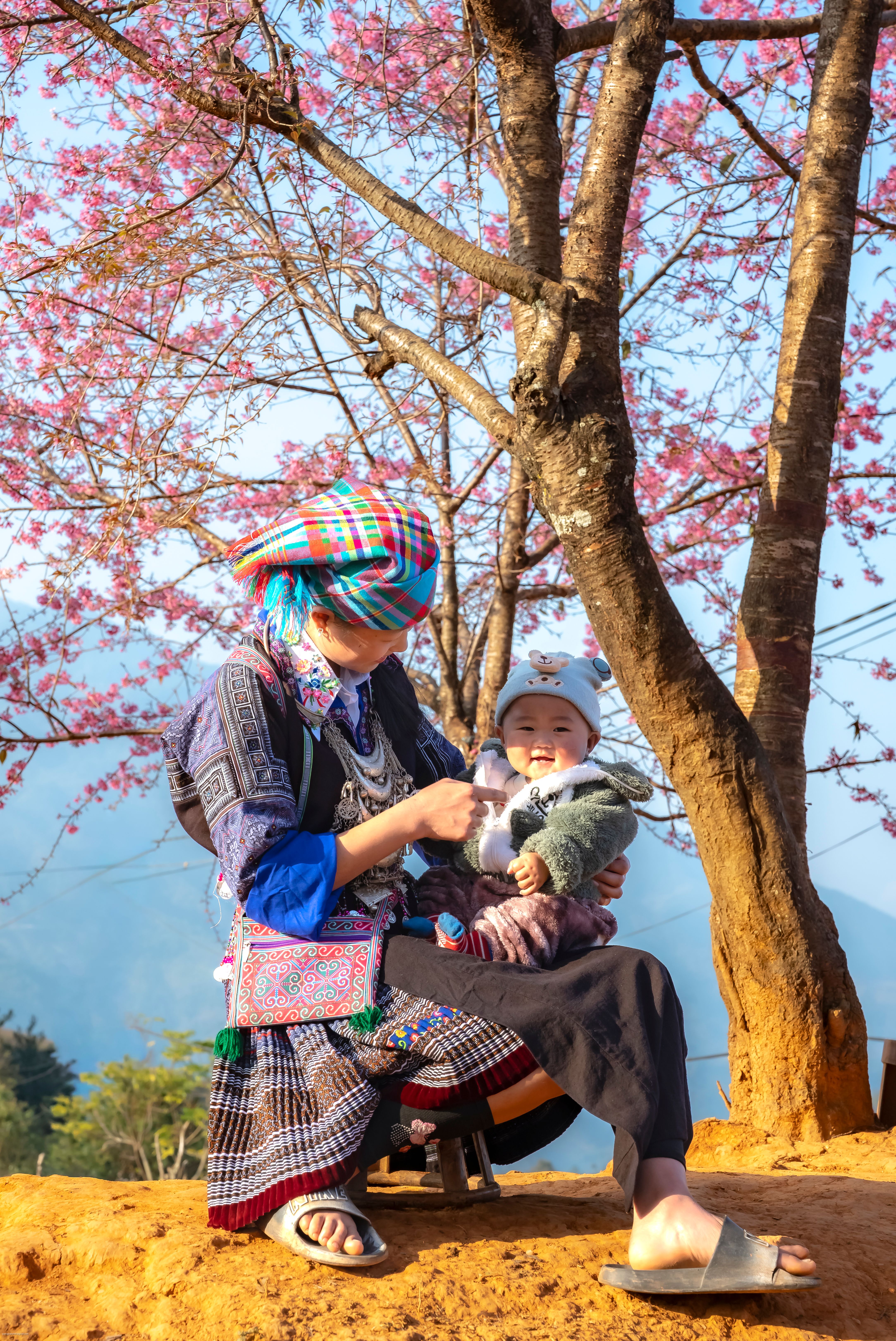 Hmong Mother and Child Under Cherry Blossom Tree · Free Stock Photo