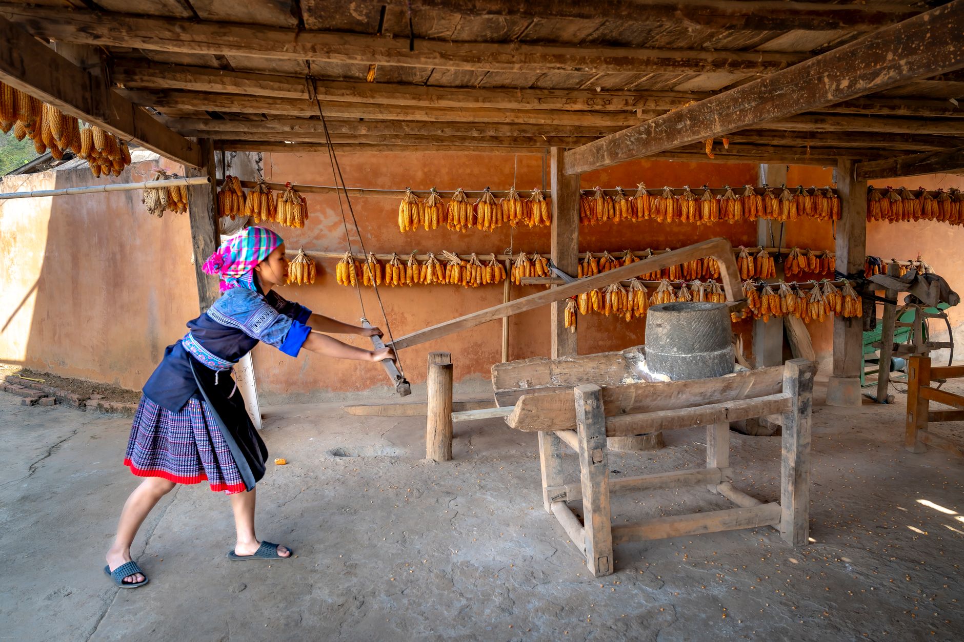A woman in traditional dress using a manual corn mill in a rural Vietnamese setting.