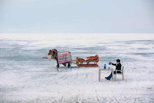 Horse pulling a colorful sled on a frozen lake with a man sitting nearby, showcasing winter adventure.