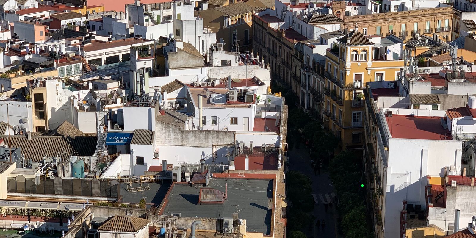 Aerial view of Seville rooftops and cathedral in Spain
