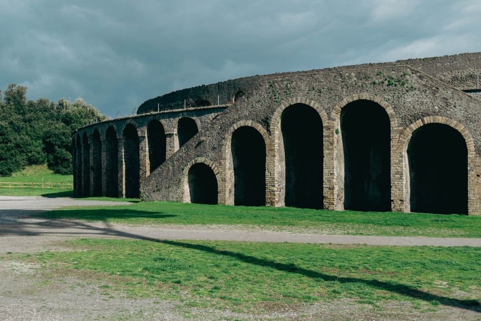 Ancient ruins of Pompeii with Mount Vesuvius in the background, Italy