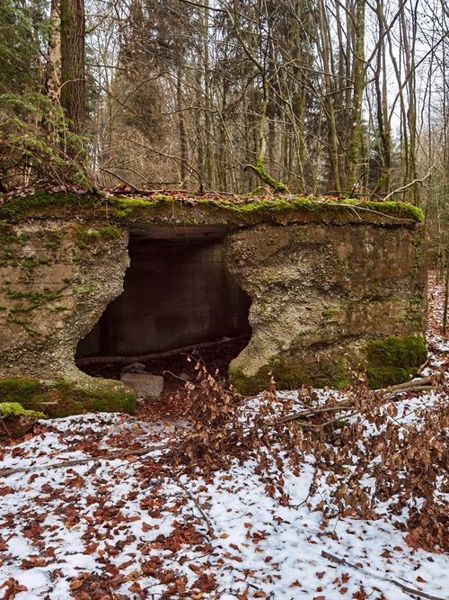 Free Dilapidated concrete structure covered with moss in a snowy forest, depicting winter ruin. Stock Photo