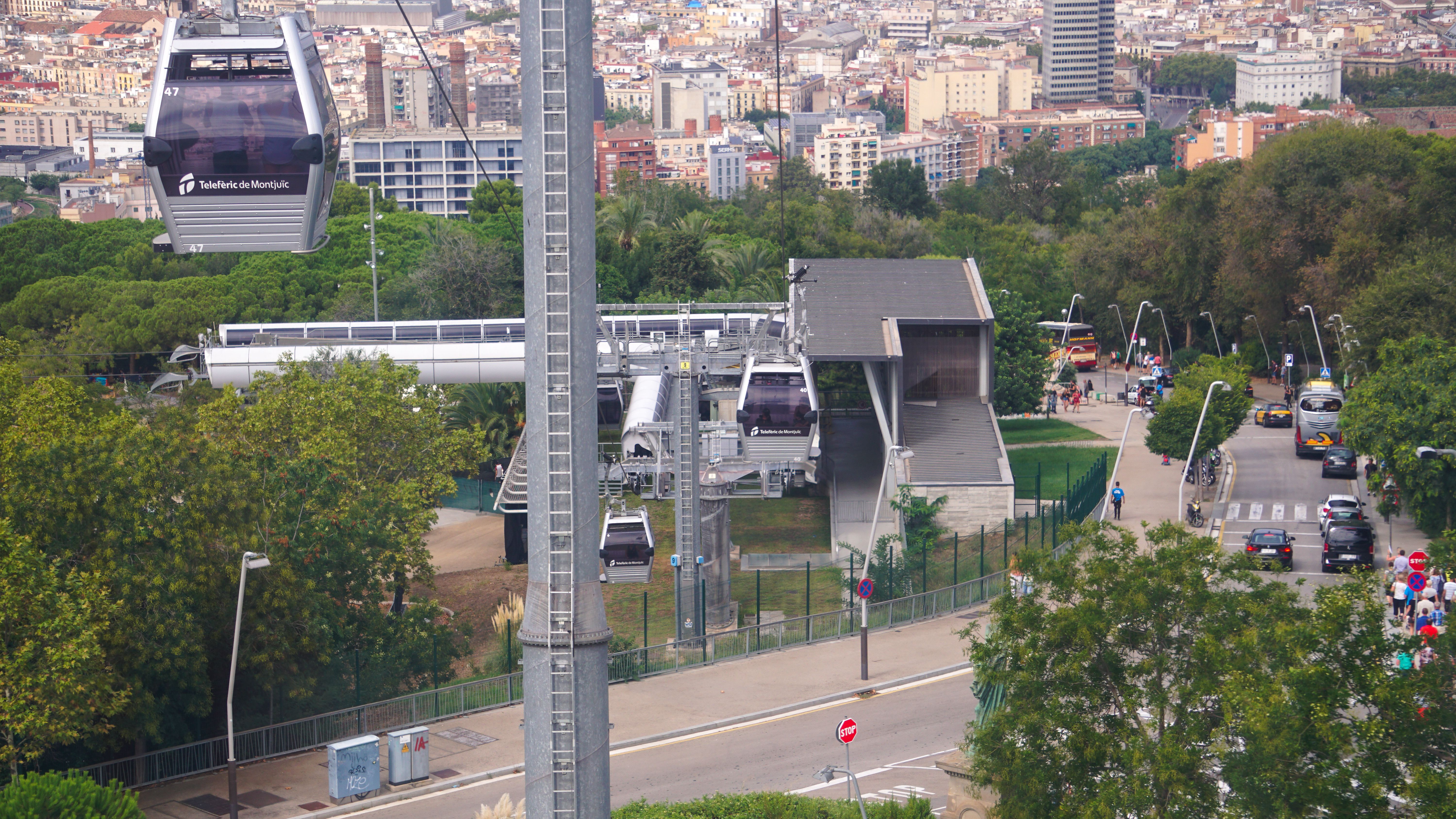 A bustling scene of the Montjuïc Cable Car in Barcelona with cityscape views.