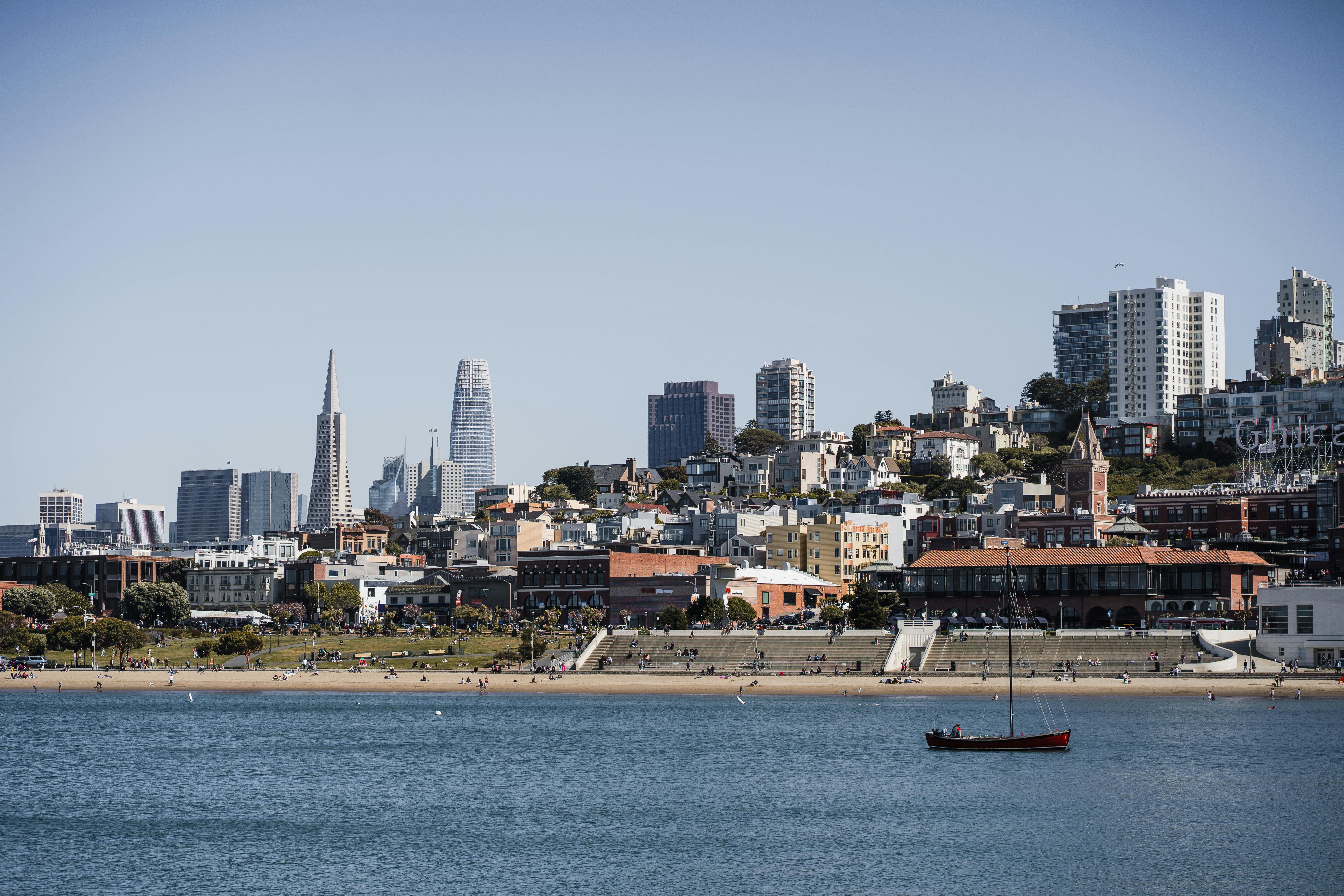 A picturesque view of San Francisco's skyline from the bay, featuring iconic buildings against a clear blue sky.