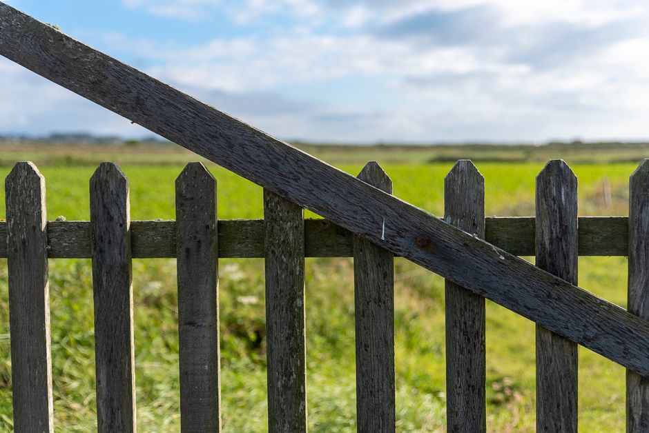Close-up of a rustic wooden fence against a vibrant green field with blue sky.