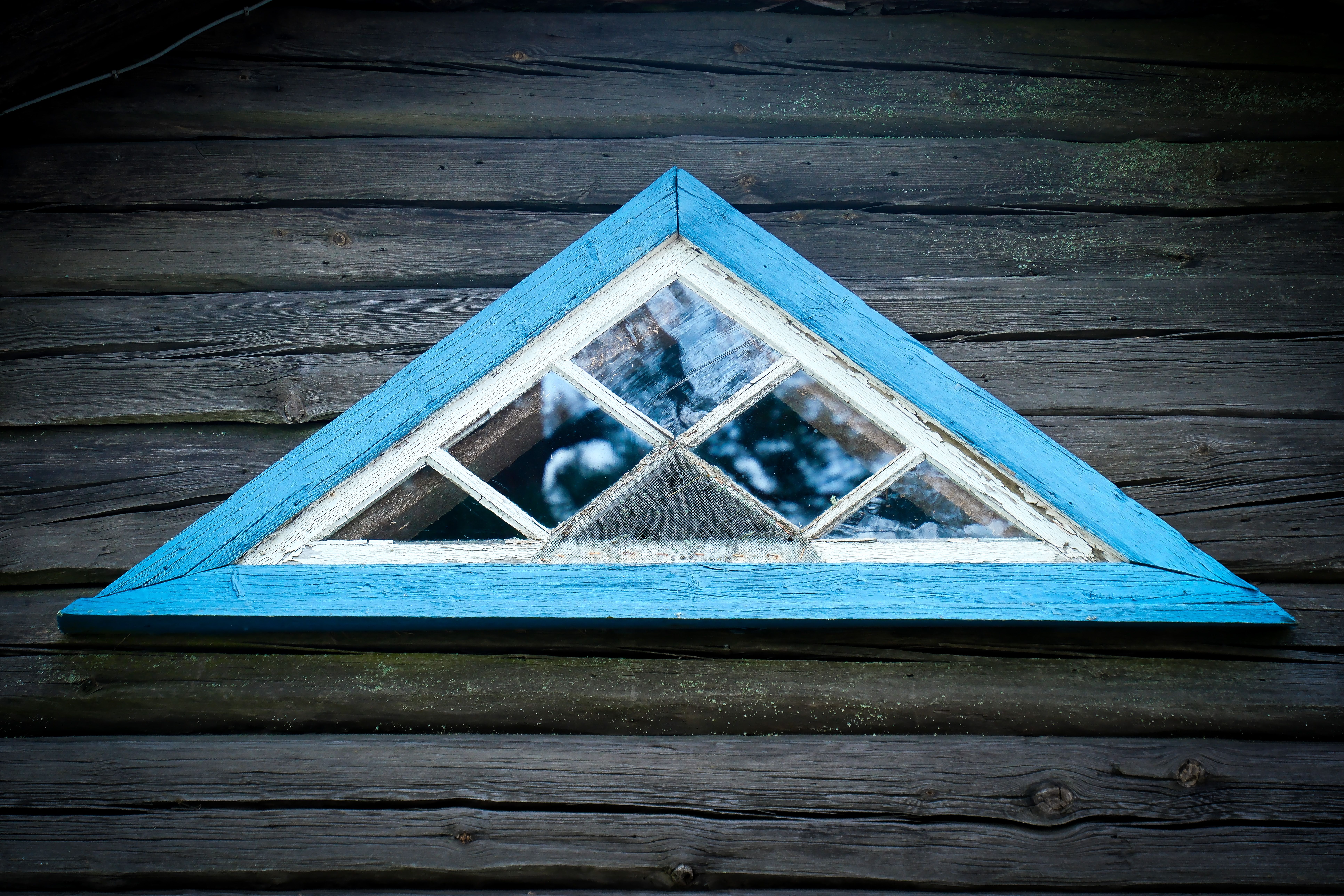Old weathered triangular window frame with chipping blue and white paint on an aged log wall