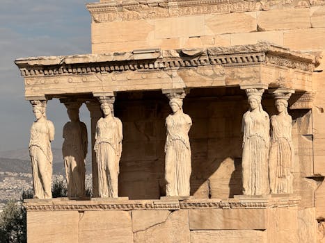 View of the Caryatids on the Erechtheion, Acropolis in Athens under daylight.