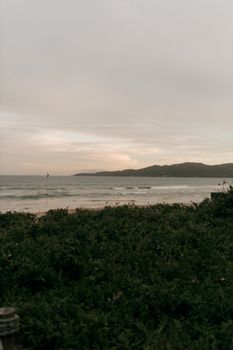 Serene coastal landscape with lush greenery and ocean waves at sunset under a muted sky.