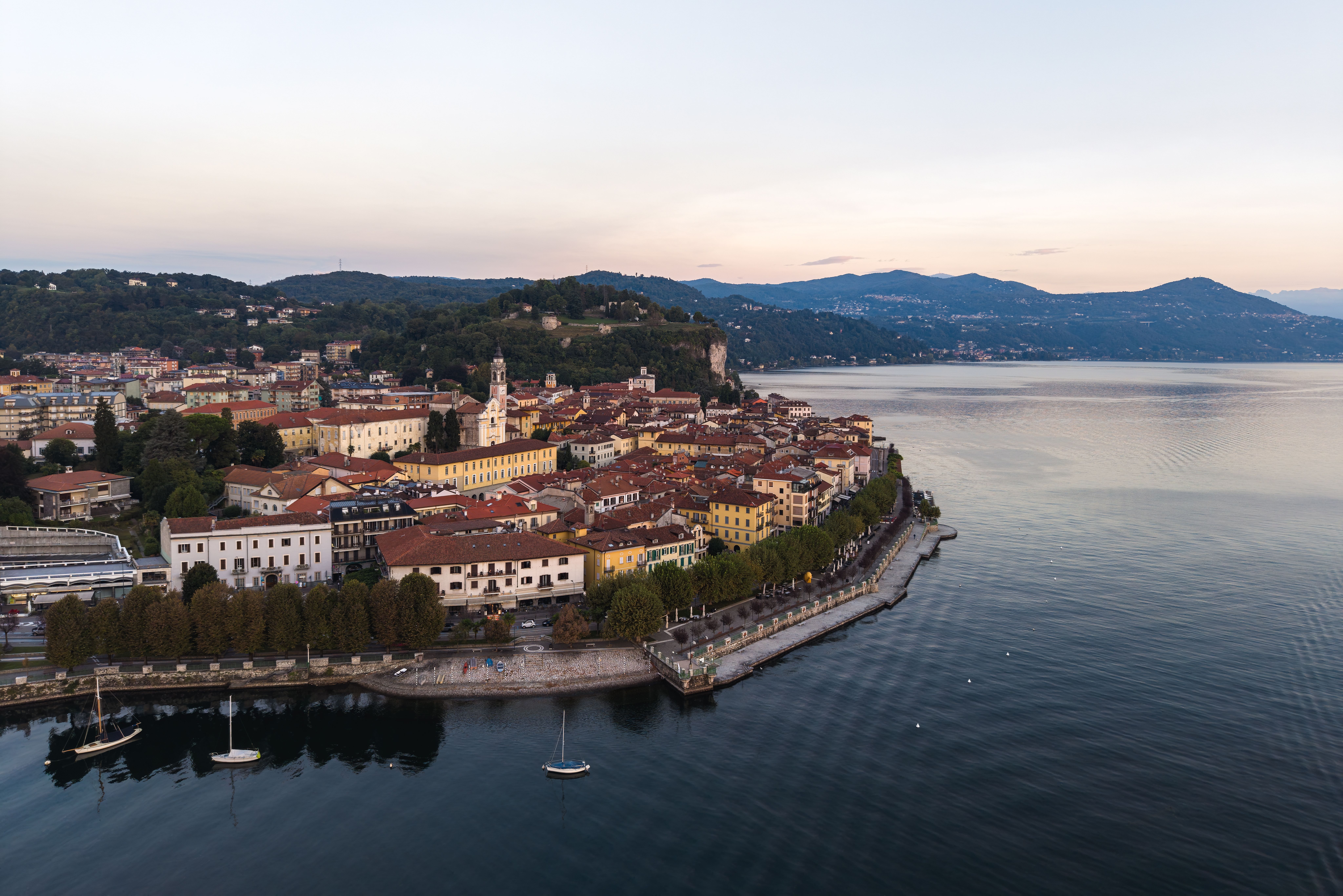 Lakefront promenade and mountains at Laveno on Lake Maggiore
