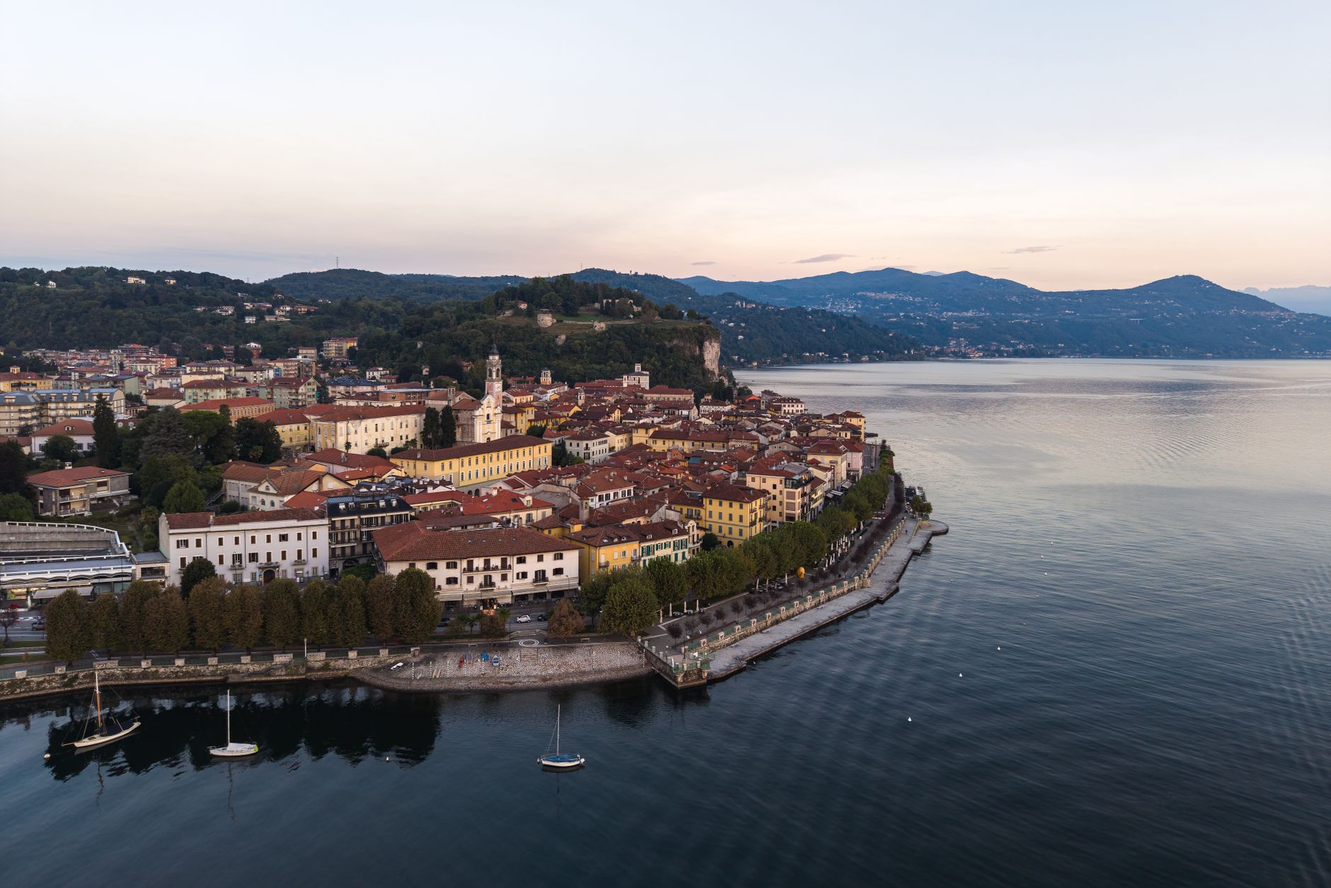 Lakefront promenade and mountains at Laveno on Lake Maggiore