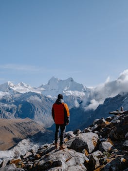 A lone hiker stands on rocky terrain, admiring the snow-capped Andes under a clear blue sky.