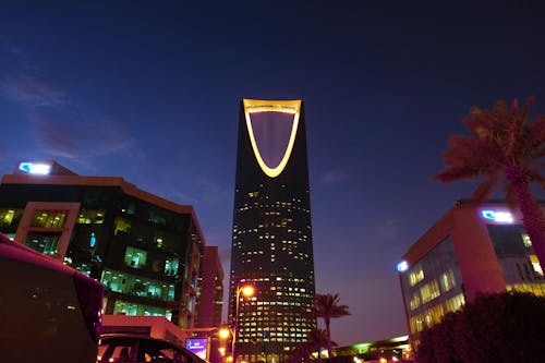 View of Illuminated Kingdom Centre, Riyadh, Saudi Arabia
