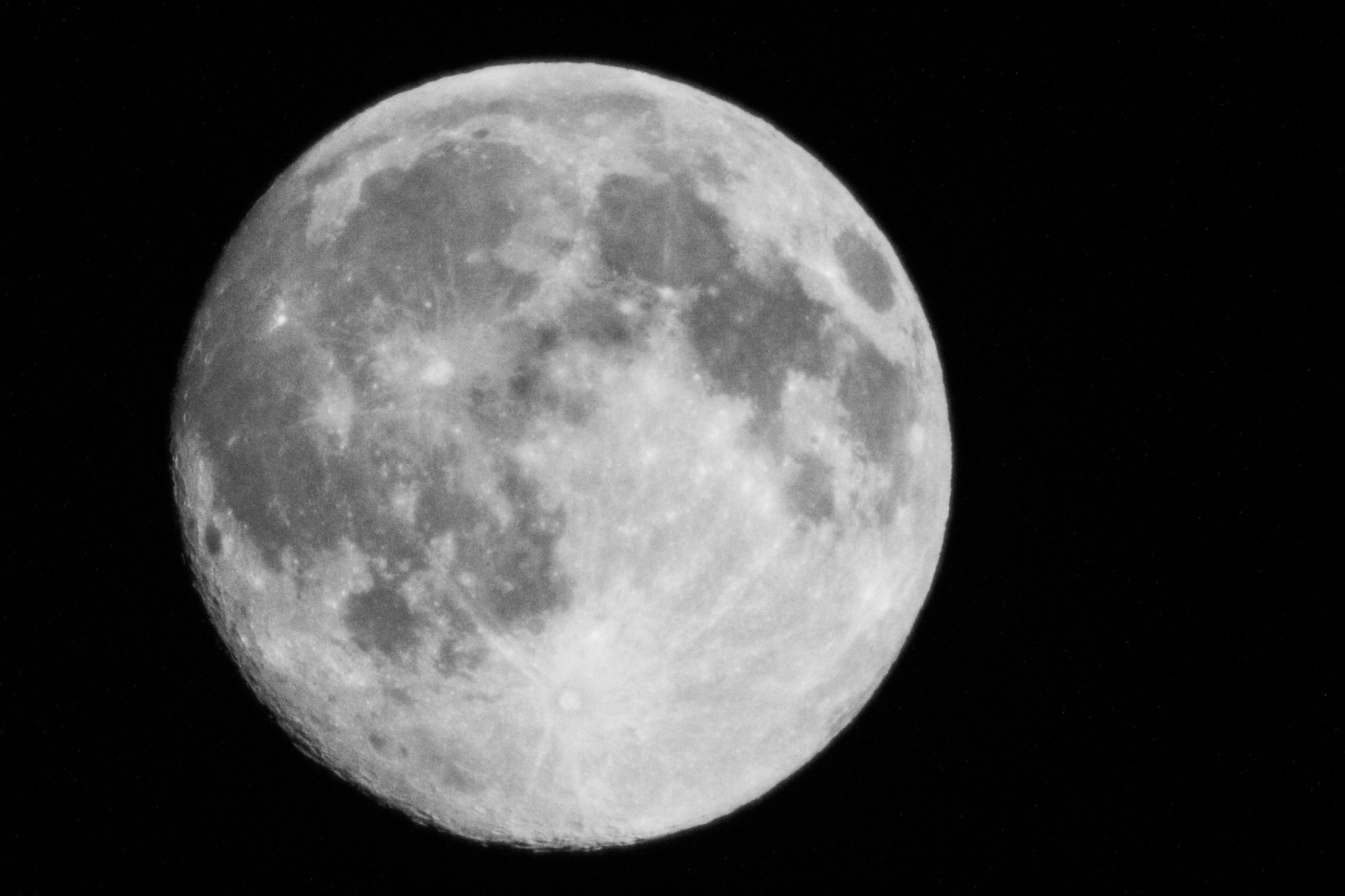 Captivating black-and-white close-up of the full moon against a clear night sky.