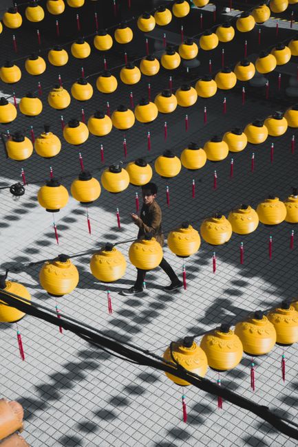 A person walks among vibrant yellow lanterns, creating a striking pattern.