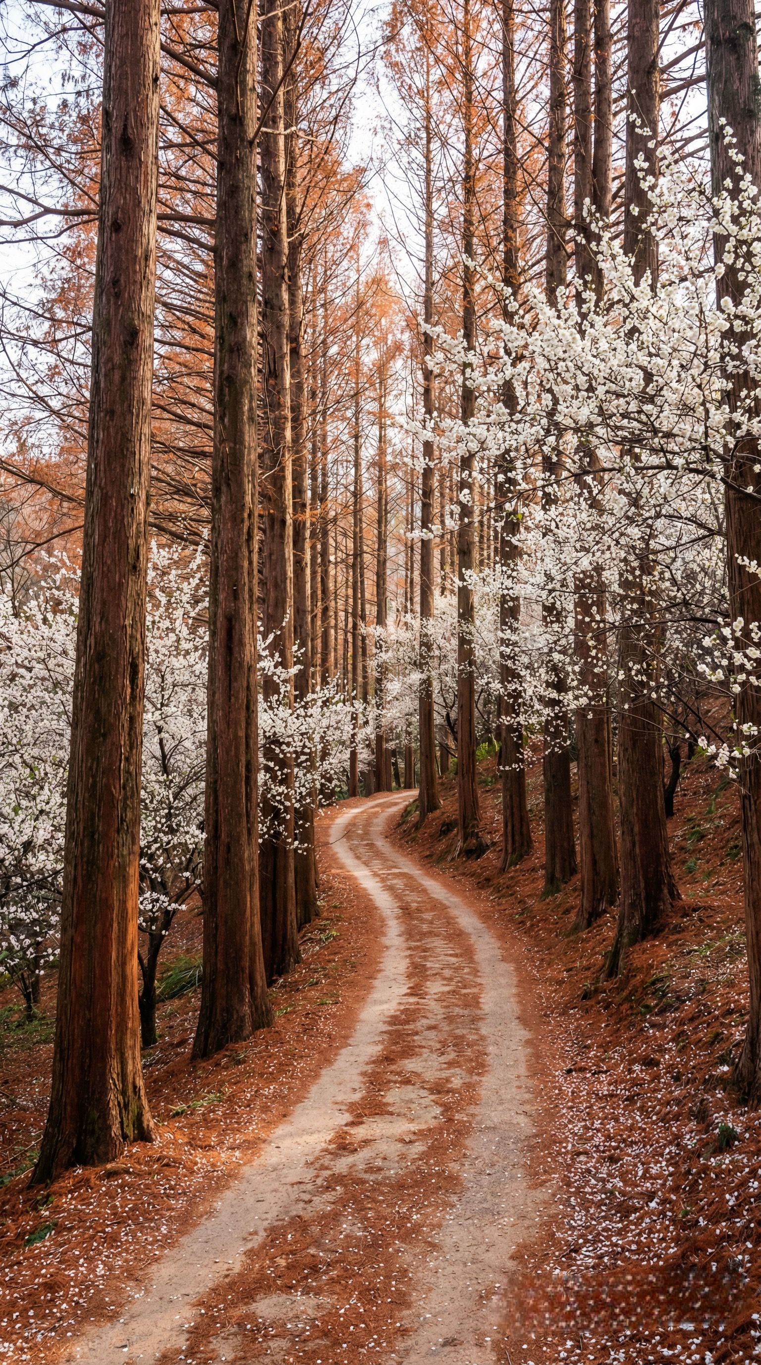 Winding pathway through a picturesque forest lined with blossoming trees in spring.