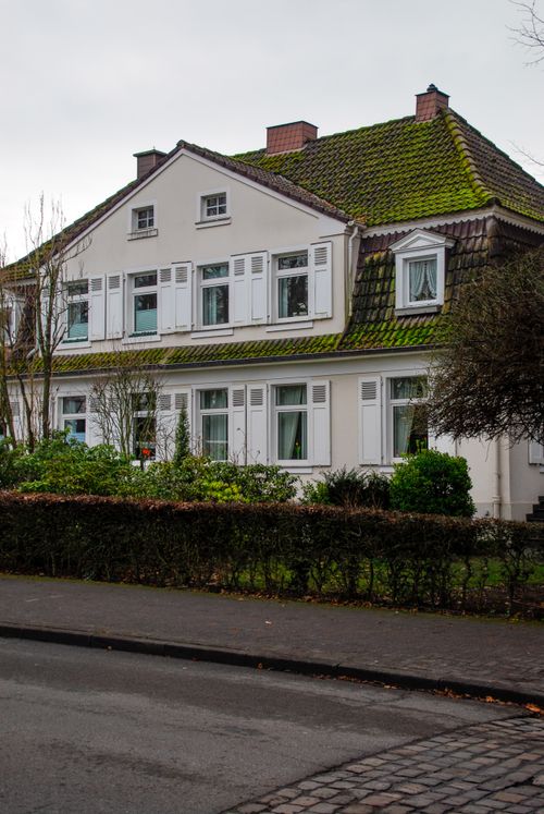 Free Quaint traditional house with moss-covered roof and white shutters in Coesfeld. Stock Photo