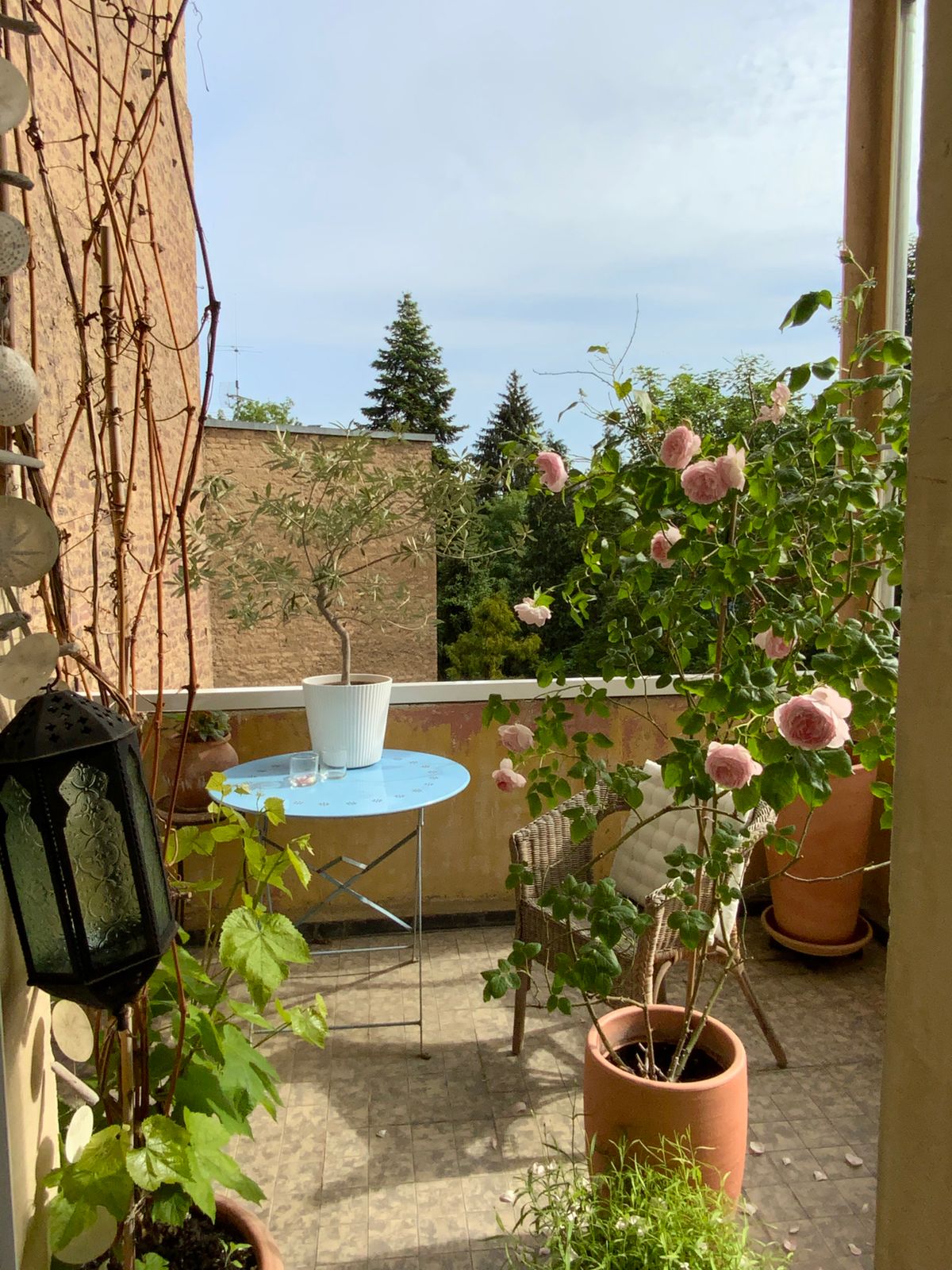 A serene balcony scene featuring flowers, plants, and outdoor furniture, perfect for relaxation. Stock Photo.