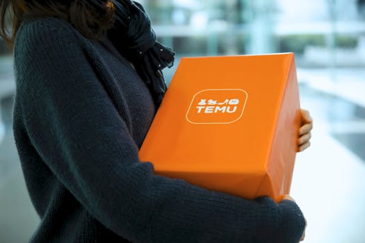 A person holding an orange TEMU box, symbolizing online shopping and delivery indoors.