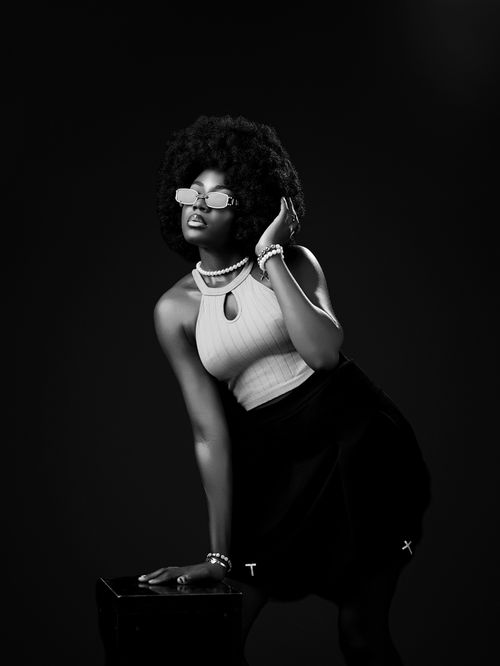 Free Dramatic black and white portrait of a stylish woman posing with confidence and elegance. Stock Photo
