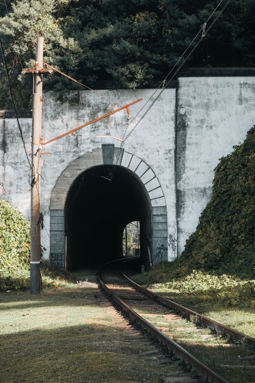 Free Atmospheric railway tunnel surrounded by lush greenery and vintage stone arch. Stock Photo